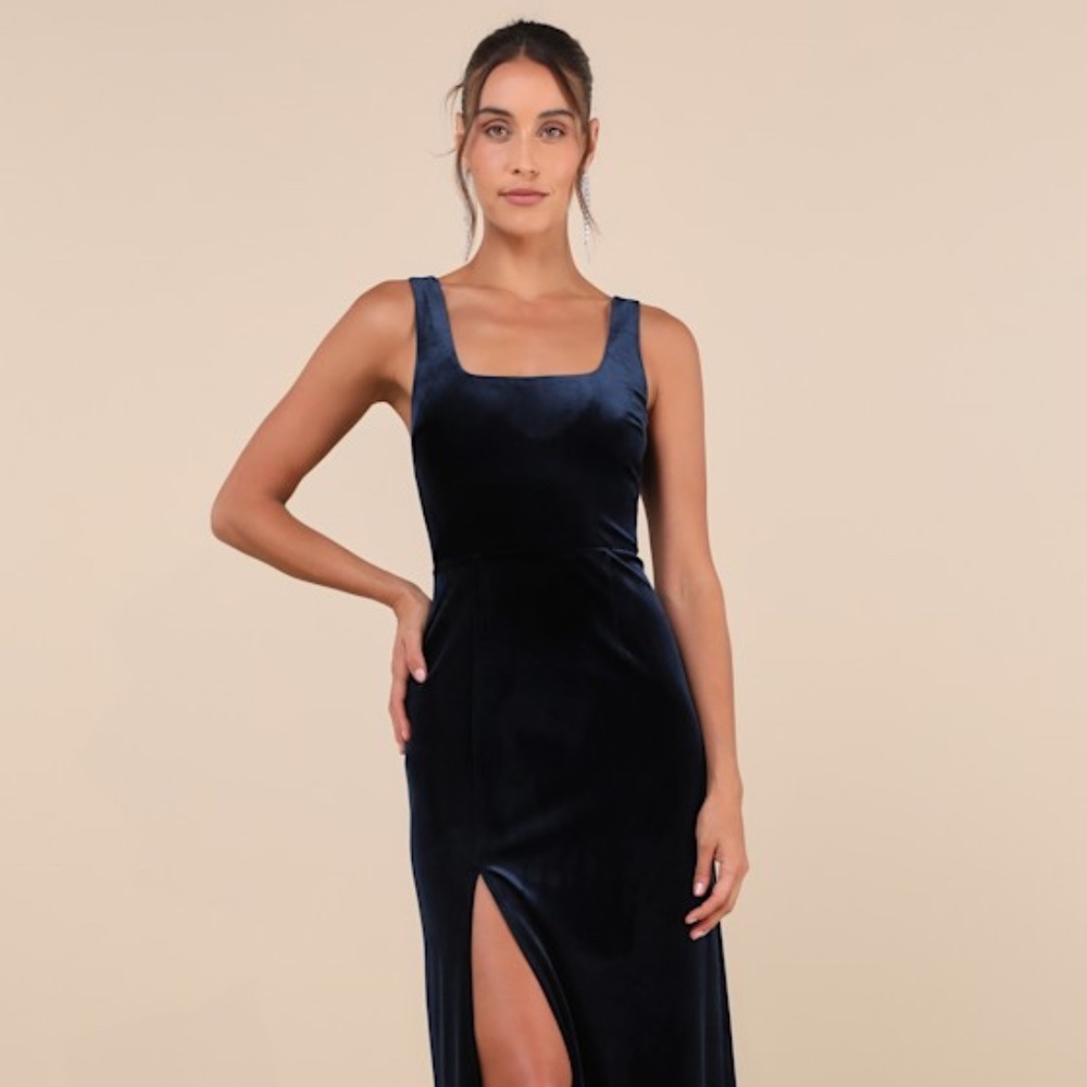 Lulus Elegant Sweetie Dark Navy Velvet Square Neck Maxi Dress Blue - Size M